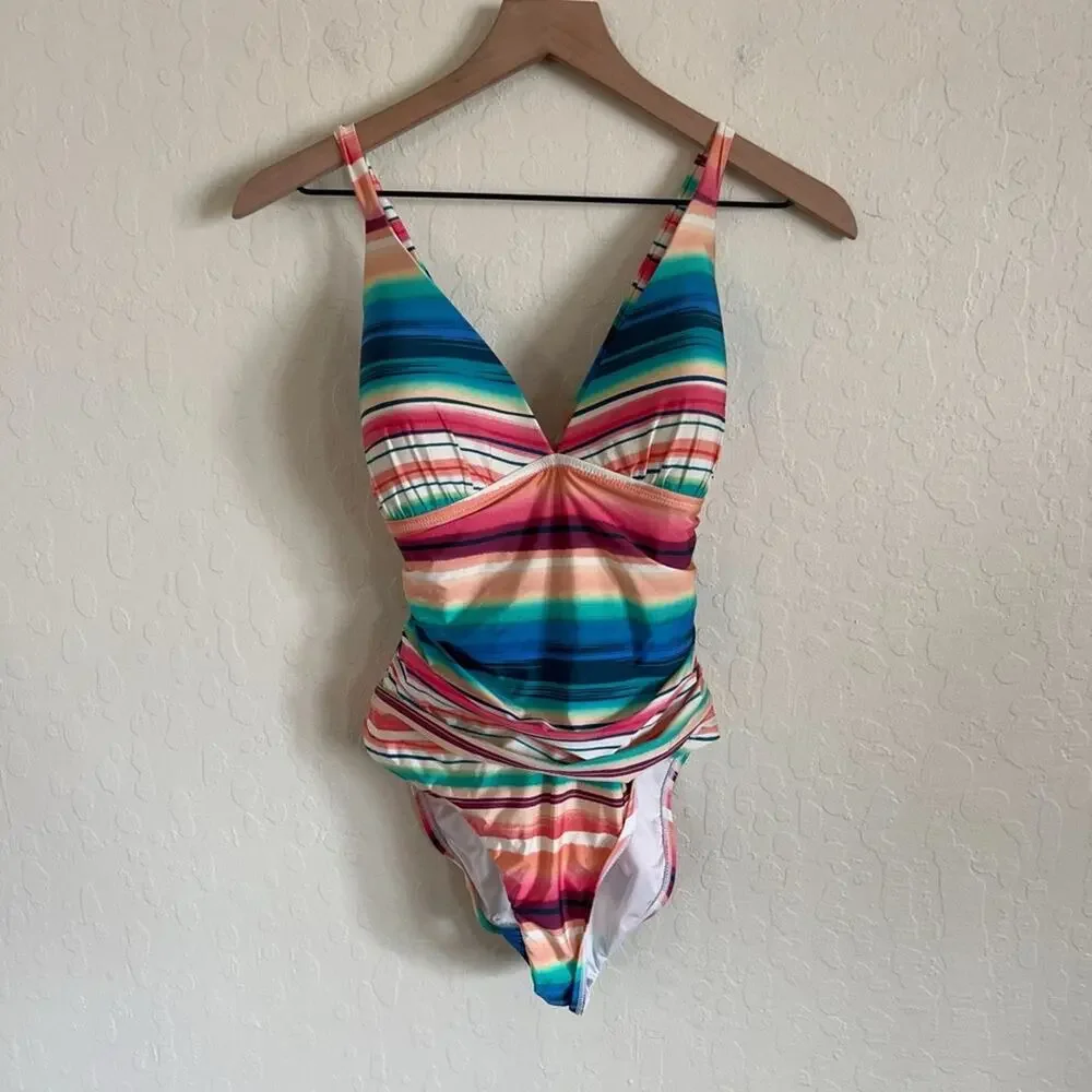 La Blanca Mio One Piece Tie Back Ruched Swimsuit US 10 Colorful Solar Stripe